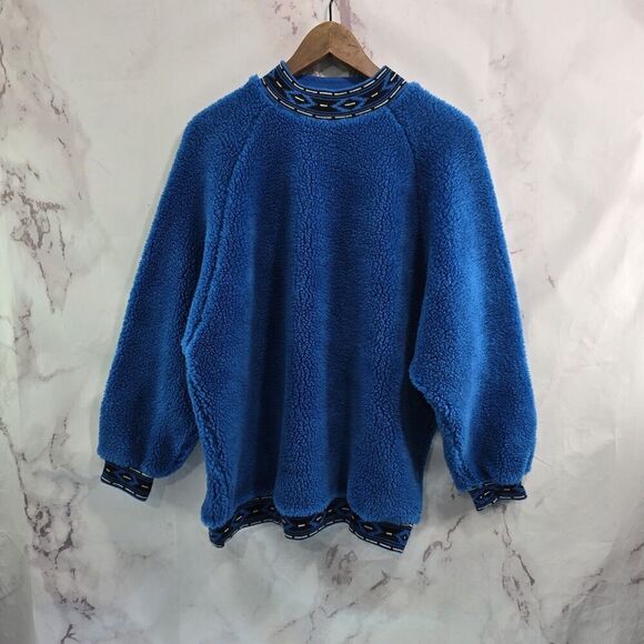 Vintage Sweater Mens Large Blue Black Crew 90s 80s Teddy Sherpa Fuzzy Faux - Picture 1 of 12